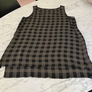 Eileen Fisher Black and Olive Checkered Sleeveless Dress
